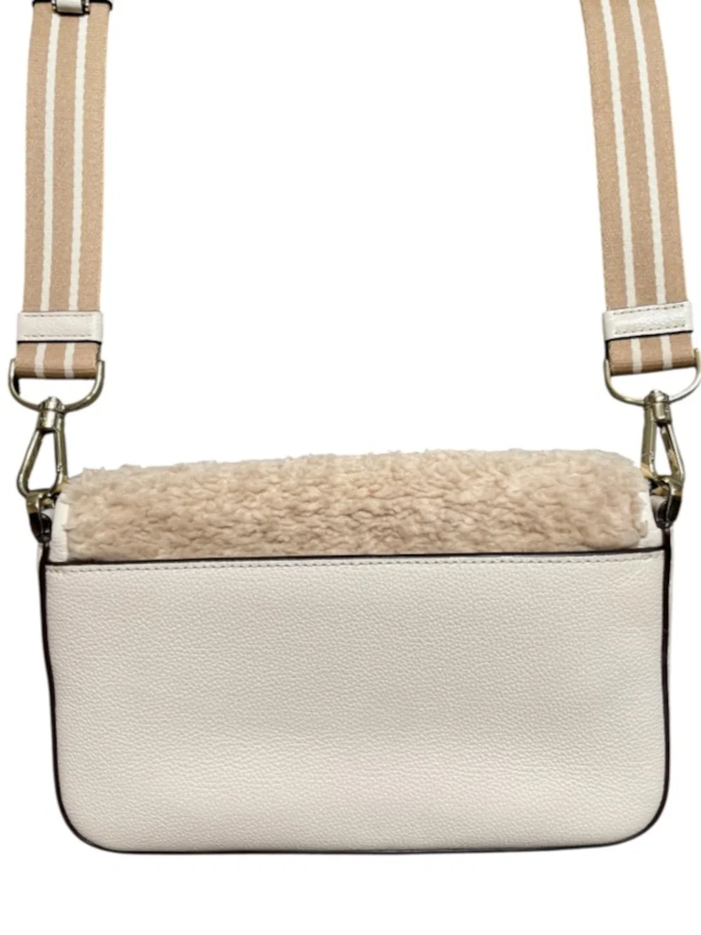 kate spade Cream Shearling & Leather Crossbody with Stripe Strap